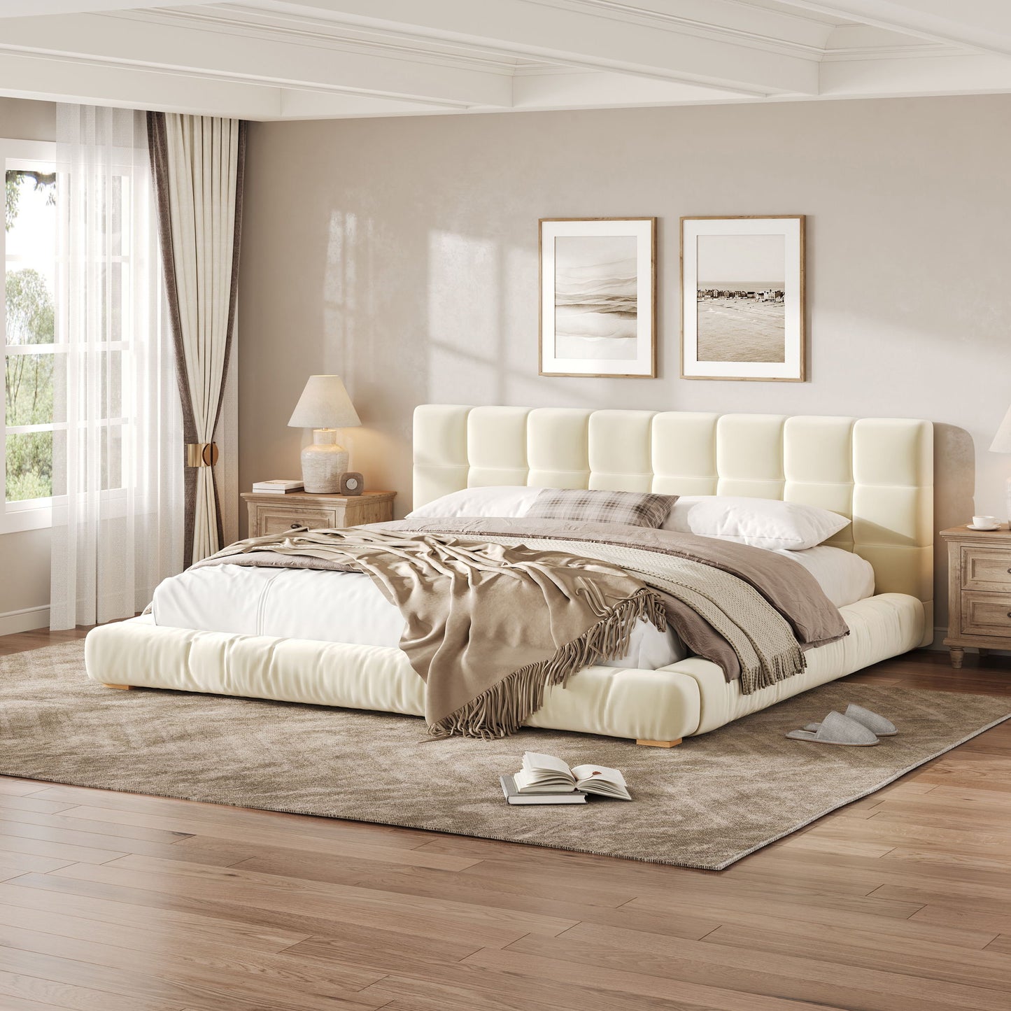 Upholstered Platform Bed Frame With Tufted Headboard