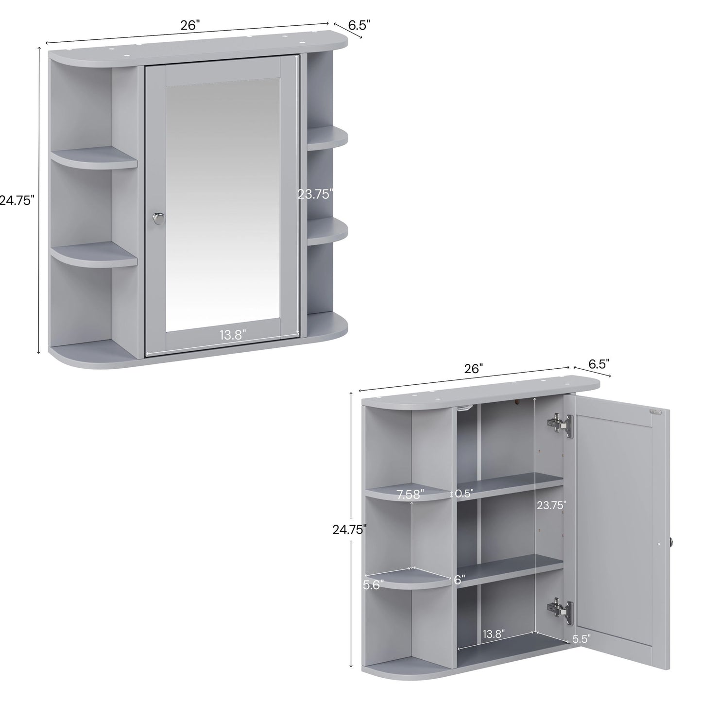 Bathroom Wall Storage Cabinet With Mirror And Adjustable Shelf, 6 Open Shelves