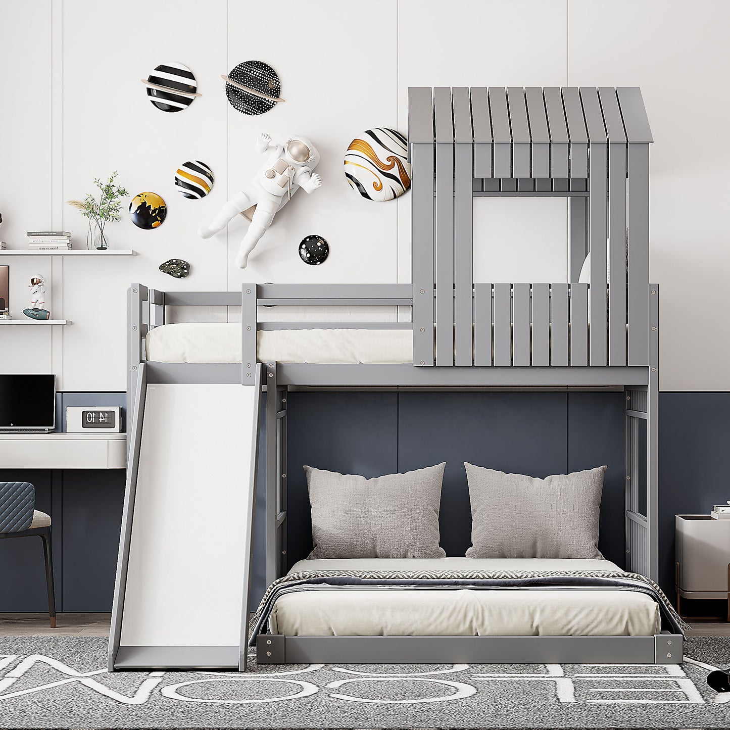 Loft Bunk Bed With Playhouse, Farmhouse, Ladder, Slide And Guardrails