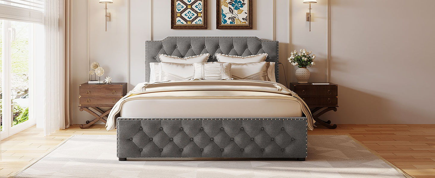 Upholstered Platform Bed With 2 Drawers And 2 Sets Of USB Ports On Each Side, Fabric