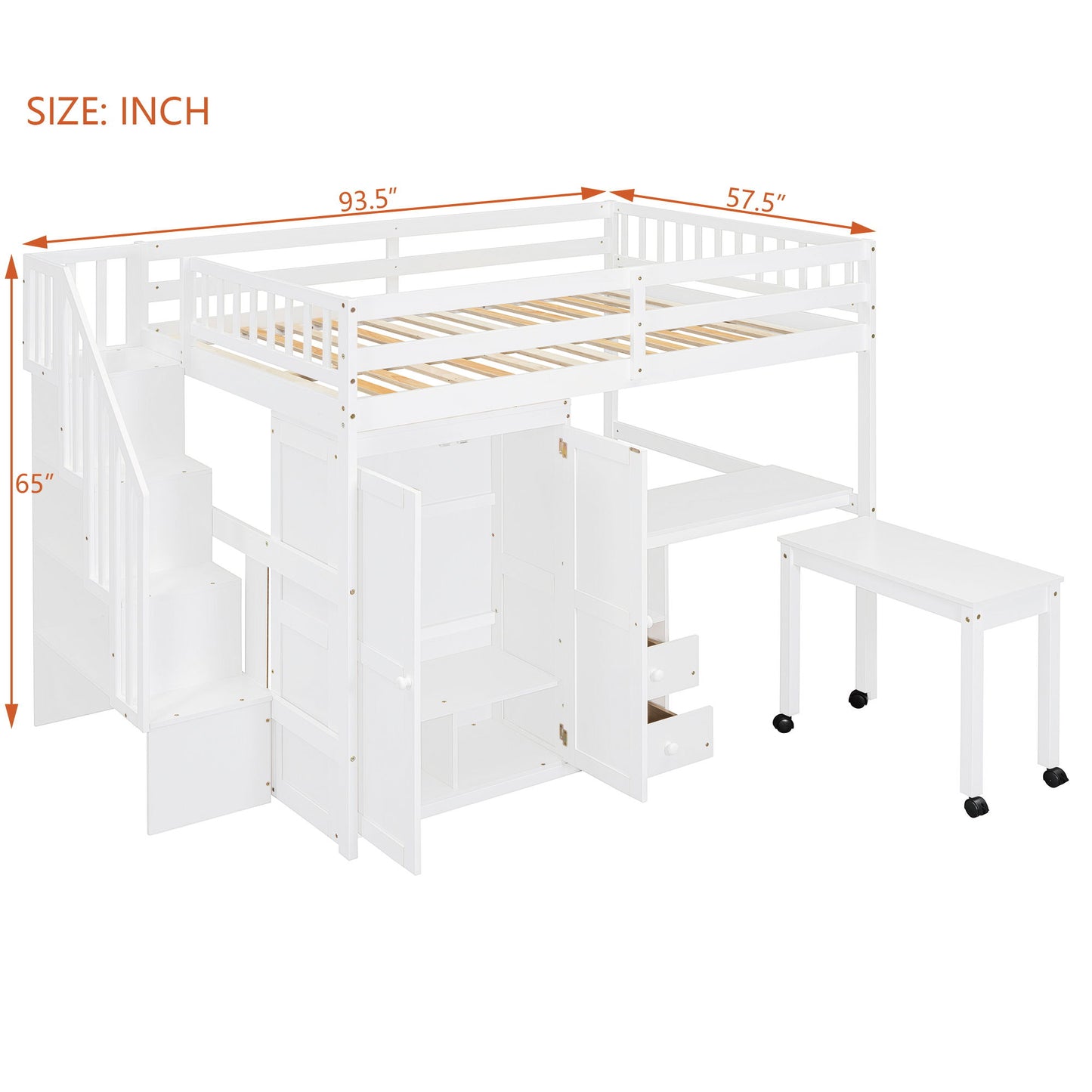 Loft Bed With Stairs, Bookshelf, Drawers, Desk & Wardrobe, Space Saving Multifunctional Furniture