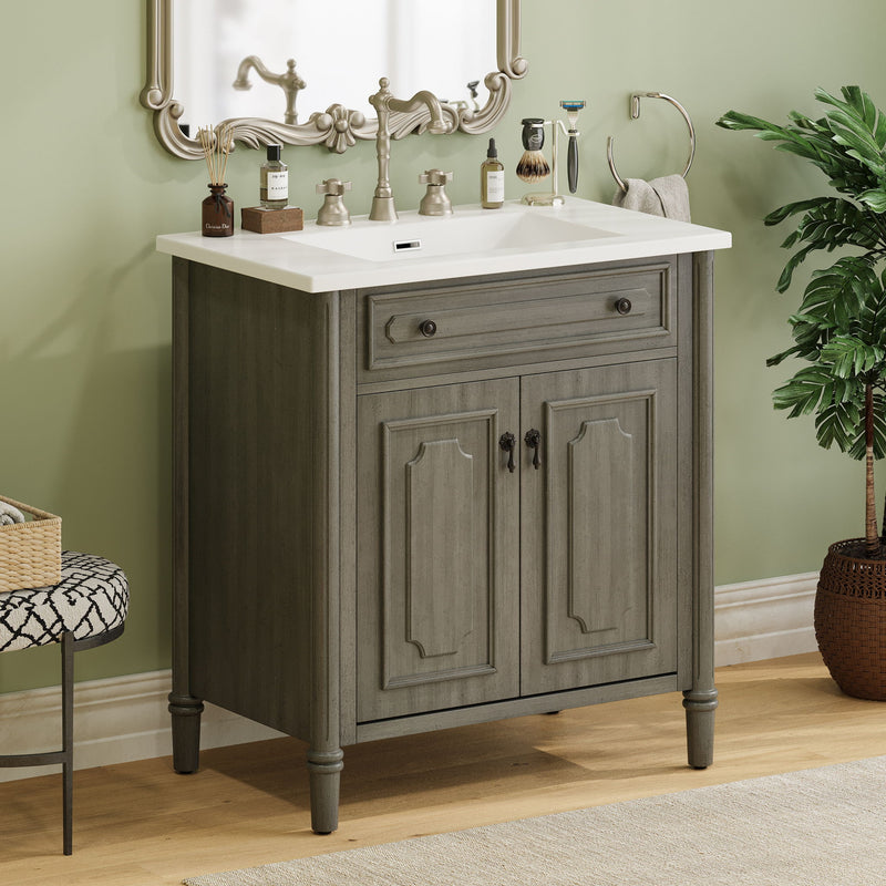 Tocador de baño vintage con lavabo, mueble rústico con puertas de cierre suave
