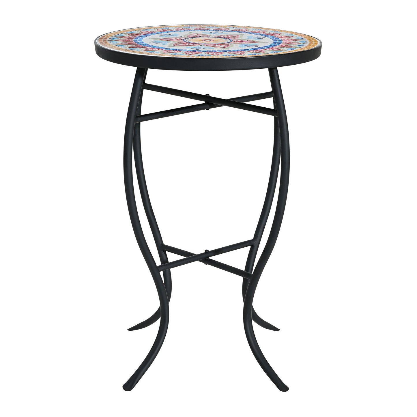 Outdoor Round Side Table With Mosaic Style Top And Curved Iron Legs