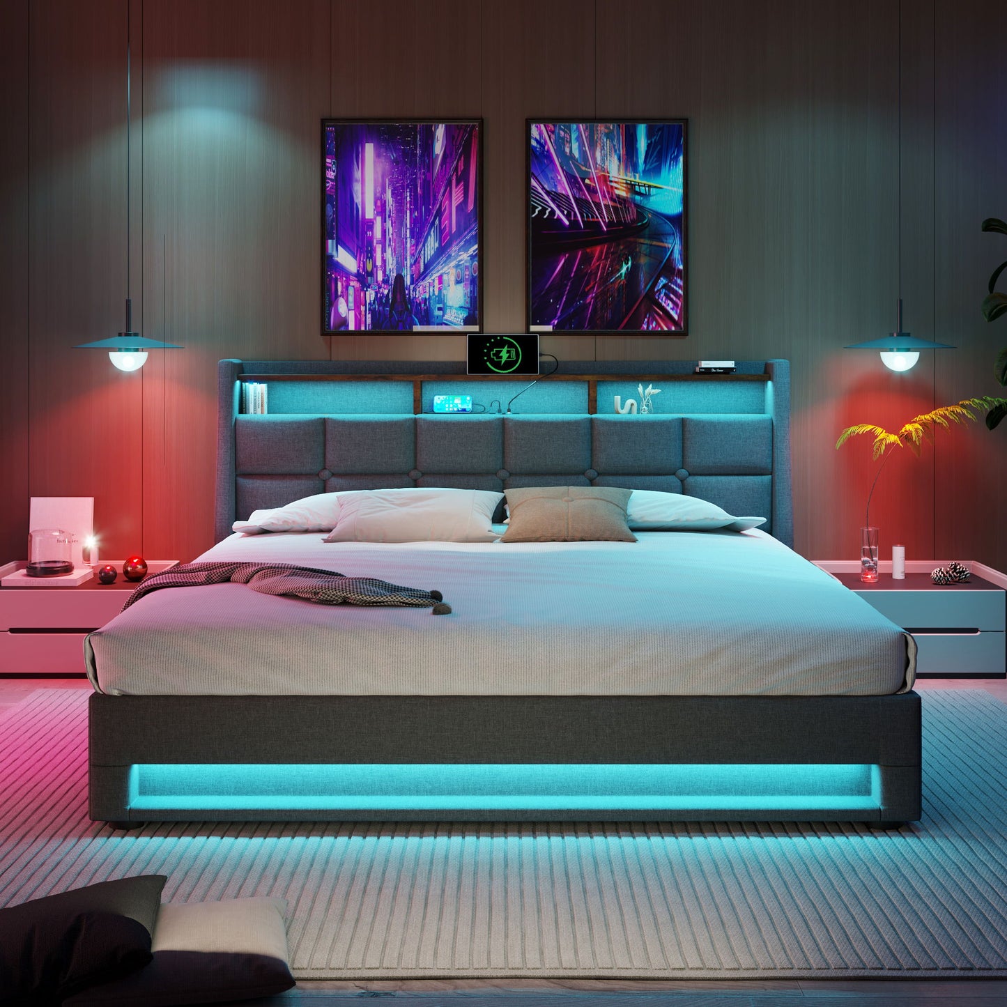 Platform Bed With Hydraulic Storage, LED Lighting & Charging Station