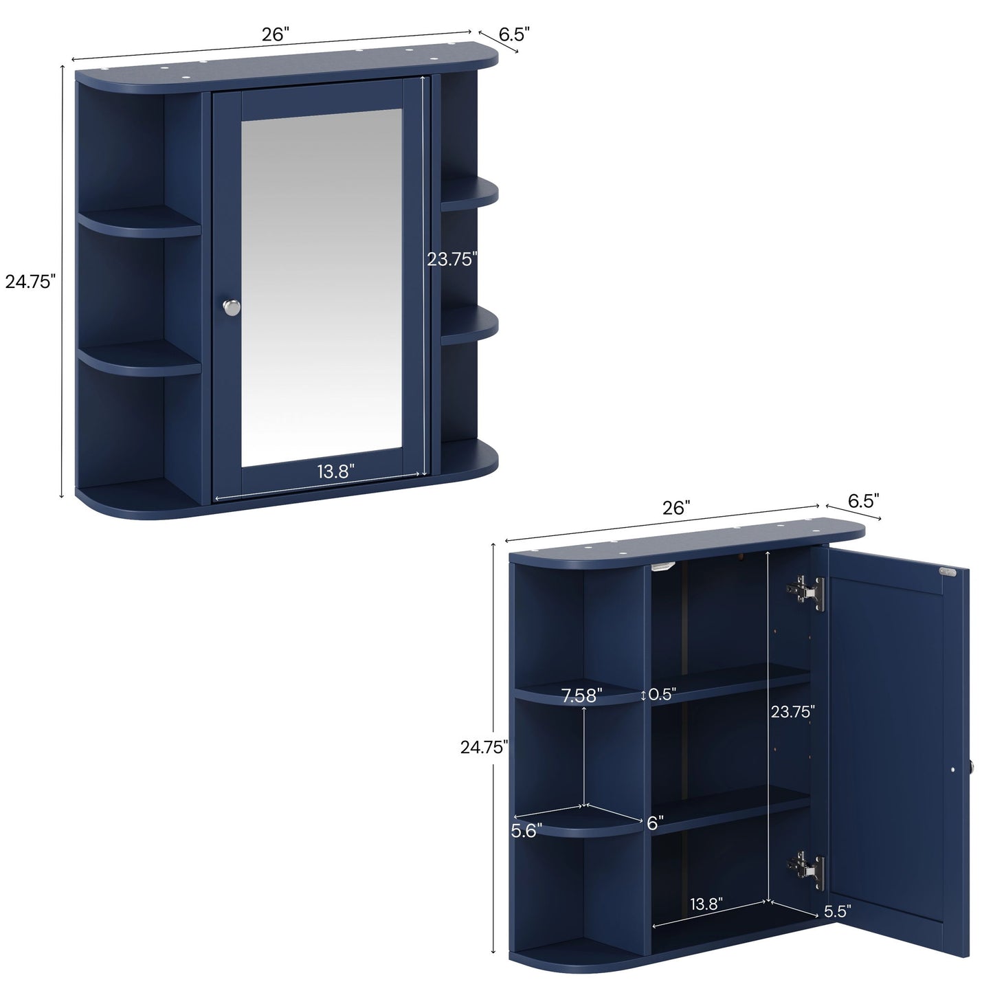Bathroom Wall Storage Cabinet With Mirror And Adjustable Shelf, 6 Open Shelves