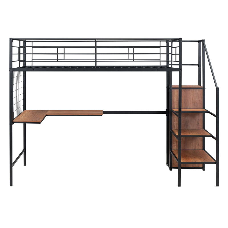 Twin Size Loft Bed With Desk And Grid, Storage Ladder And Wardrobe - Black