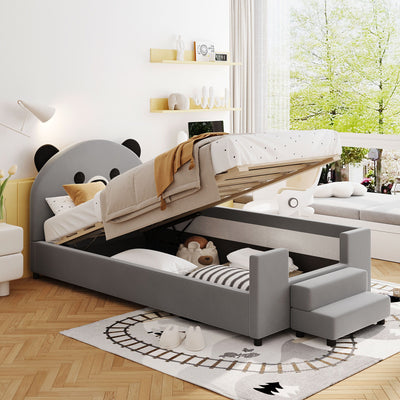 Upholstered Daybed With Bear Shaped Headboard, Hydraulic System And Breathable Fence