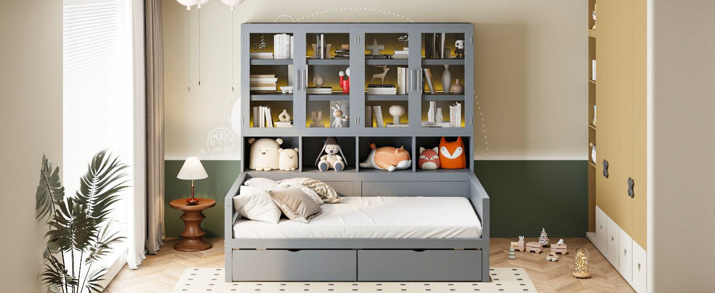 Daybed With Glass Door Storage Cabinets, Built In LED Lighting And Shelves