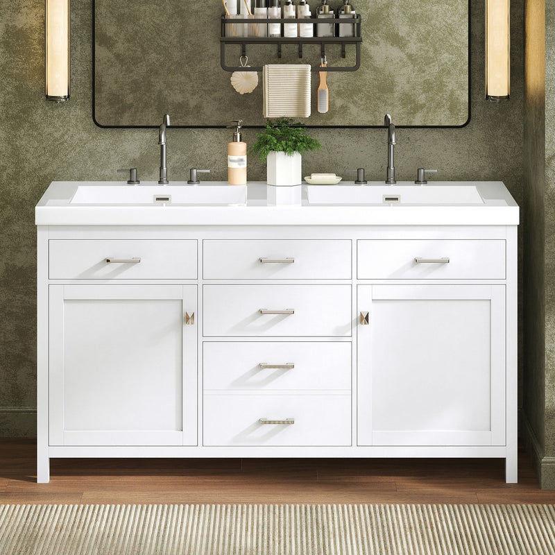 Double Sink Bathroom Vanity With Top, Soft Closing Doors & Drawers, Tip Out Drawer, 2 Cabinet Doors, Adjustable Shelf - White