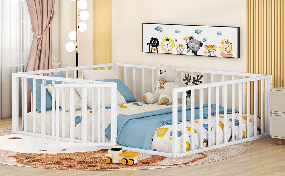 Metal Floor Bed Frame With Fence And Door