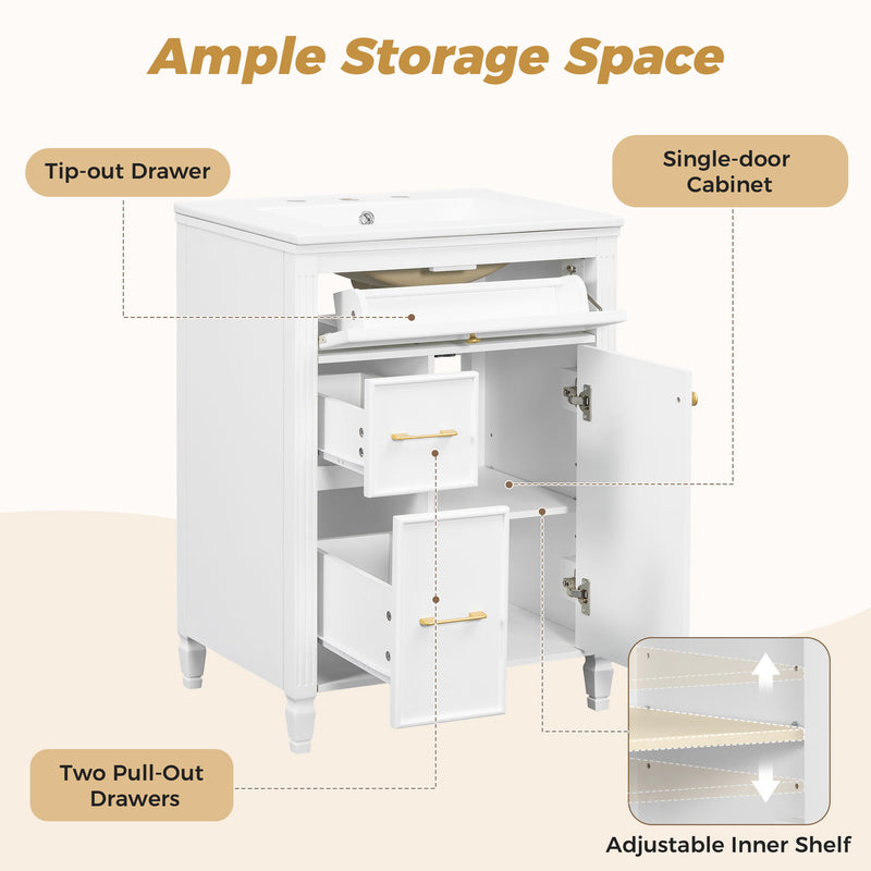 Freestanding Bathroom Vanity With Sink, Soft Close Door, Tip Out Drawer