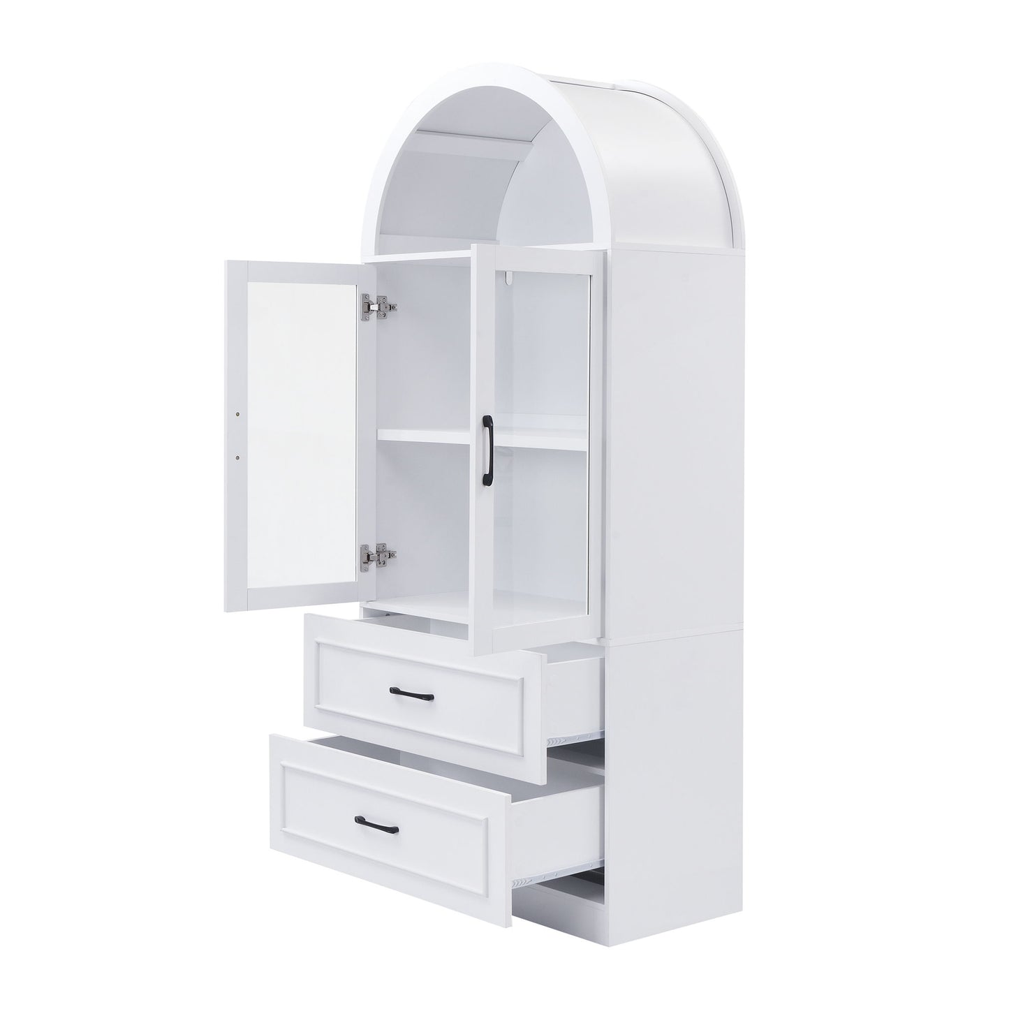 Arched Top Storage Cabinet With Fixed 2 Tier Shelves, 2 Large Drawers