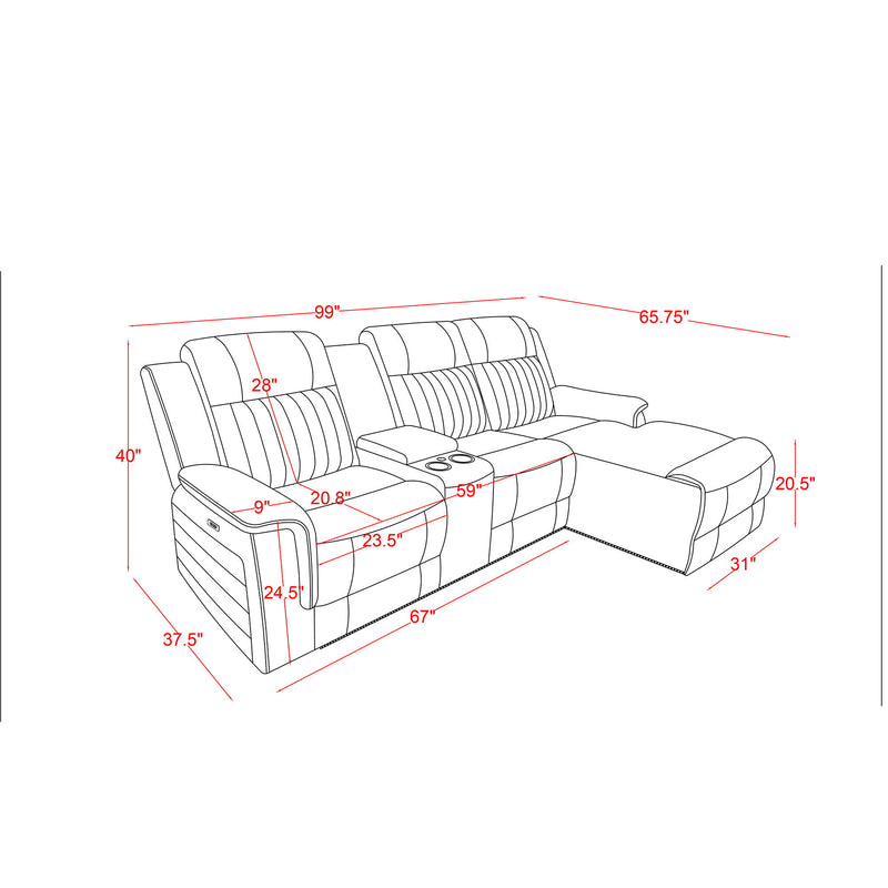Ian - Power Reclining Chaise With LED Lighting, Pushback Design - Gray