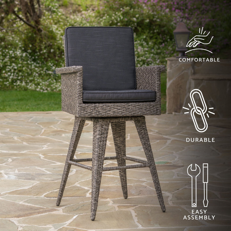 Outdoor Rattan Swivel Barstool With Water Resistant Cushion - Black / Gray
