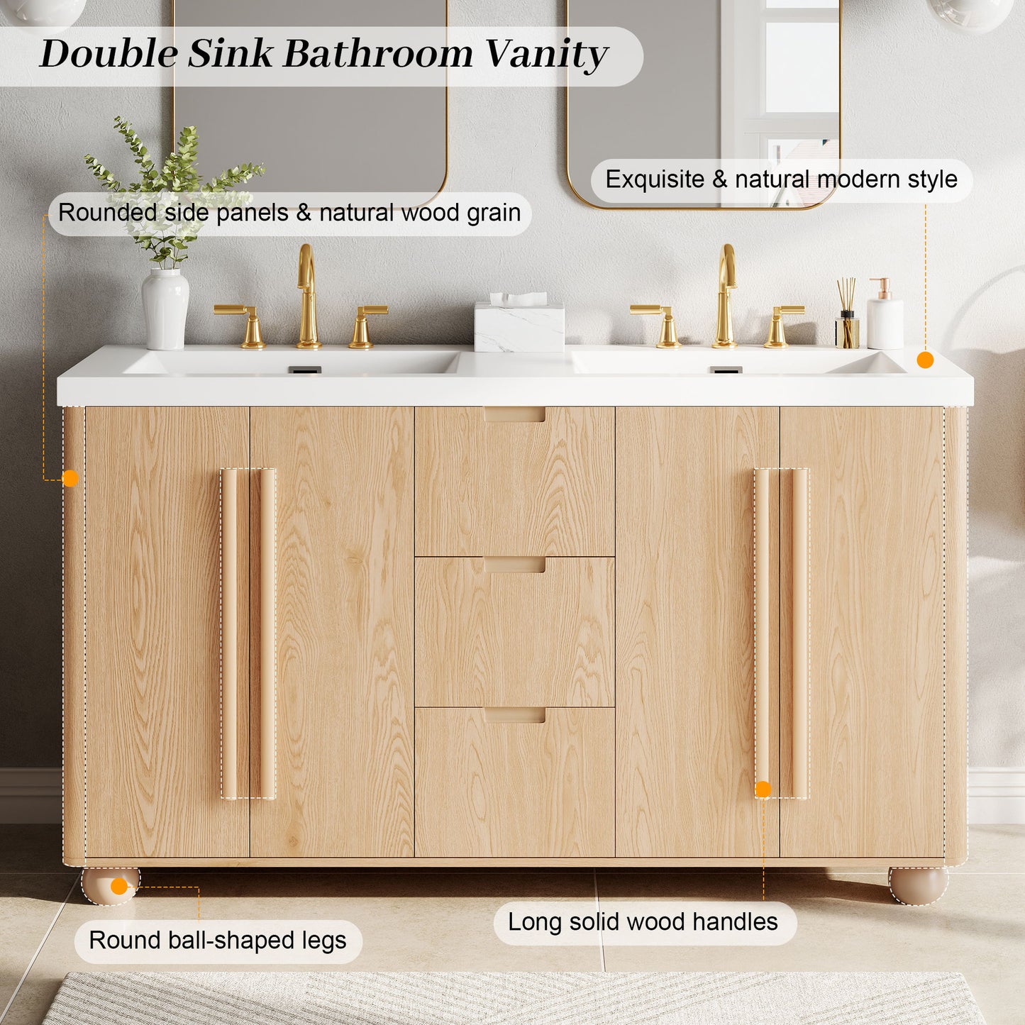 Double Sink Bathroom Vanity With Sinks, Soft Close Doors & 3 Drawers - Wood