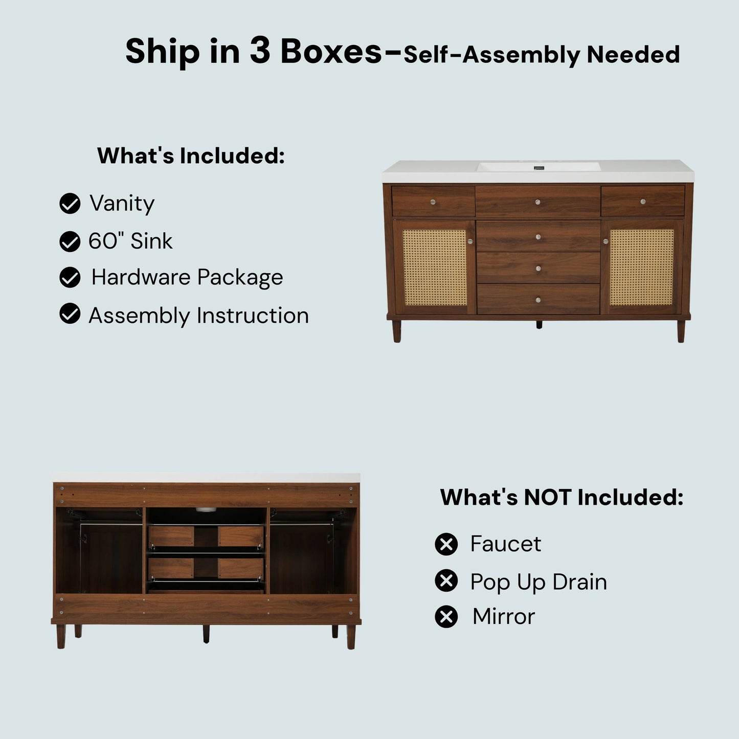 Bathroom Vanity With Sink, 5 Legs, Soft Close Drawers