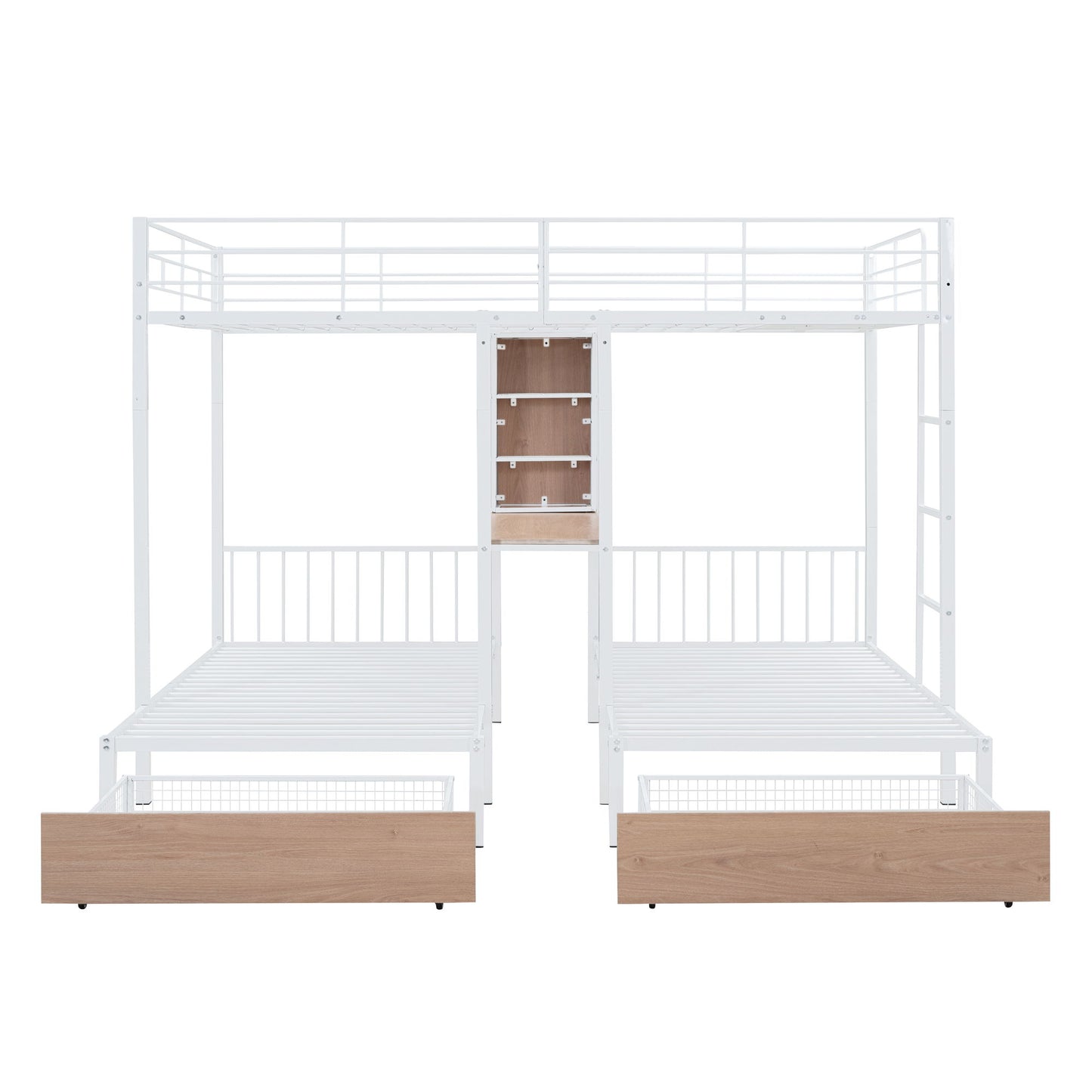 Triple Bunk Bed With Drawers, Multi-Functional Frame With Desks And Shelves In The Middle