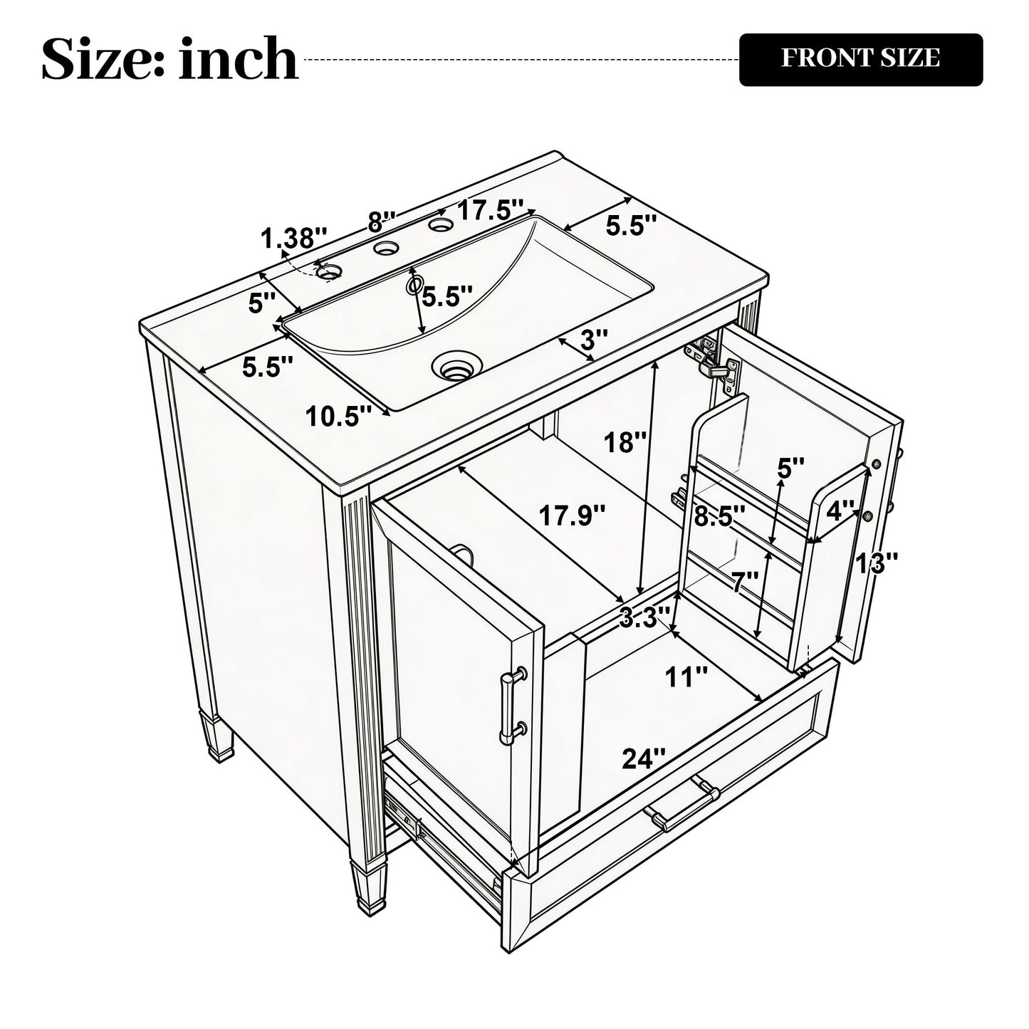 Elegant Fluted Bathroom Vanity With Sink, Soft Close Doors & Drawer