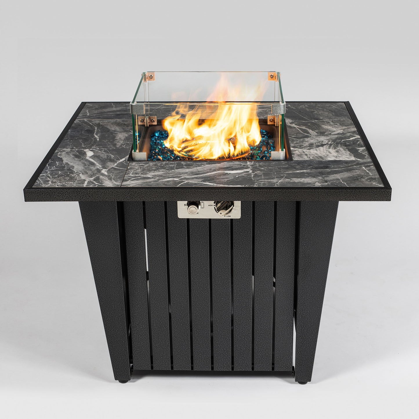 Morden Steel Fire Pit Table With Marble Tile Tabletop, Glass Wind Guard And Lid