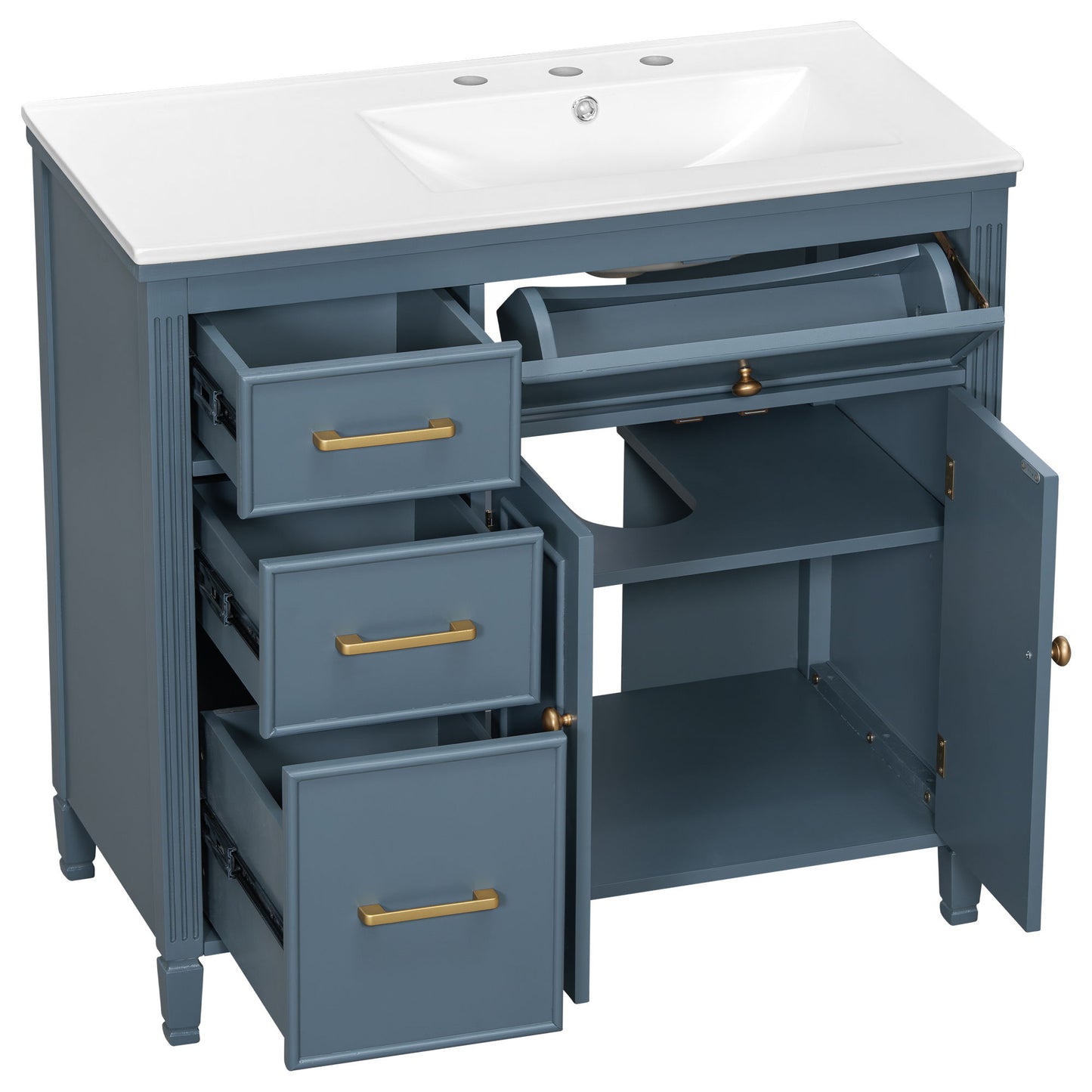 Bathroom Vanity With Sink, 1 Tip Out Drawer, 3 Side Drawers, Adjustable Shelf