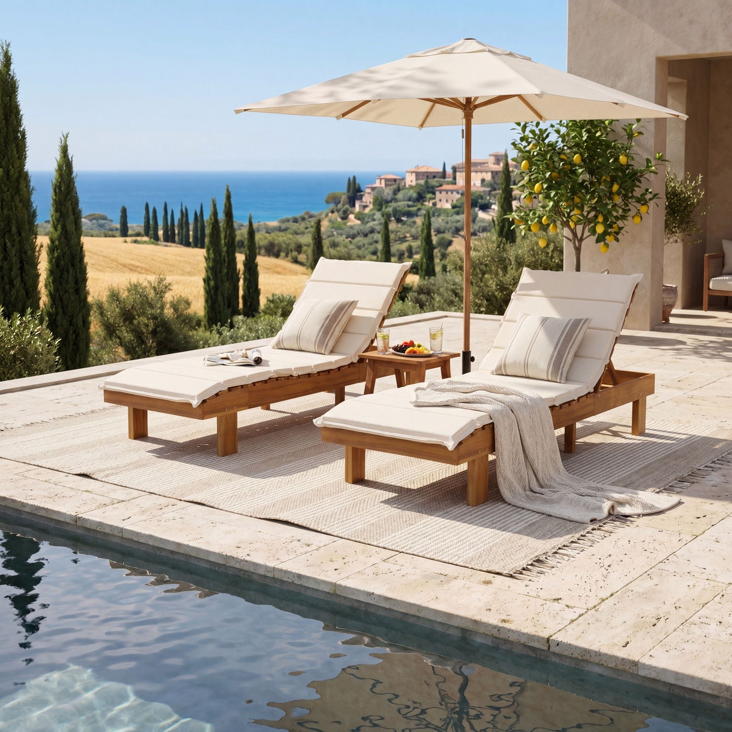 Chaise Lounge With Multi Fold Cushion, 3 Position Adjustable Backrest For Patio - Beige / Teak