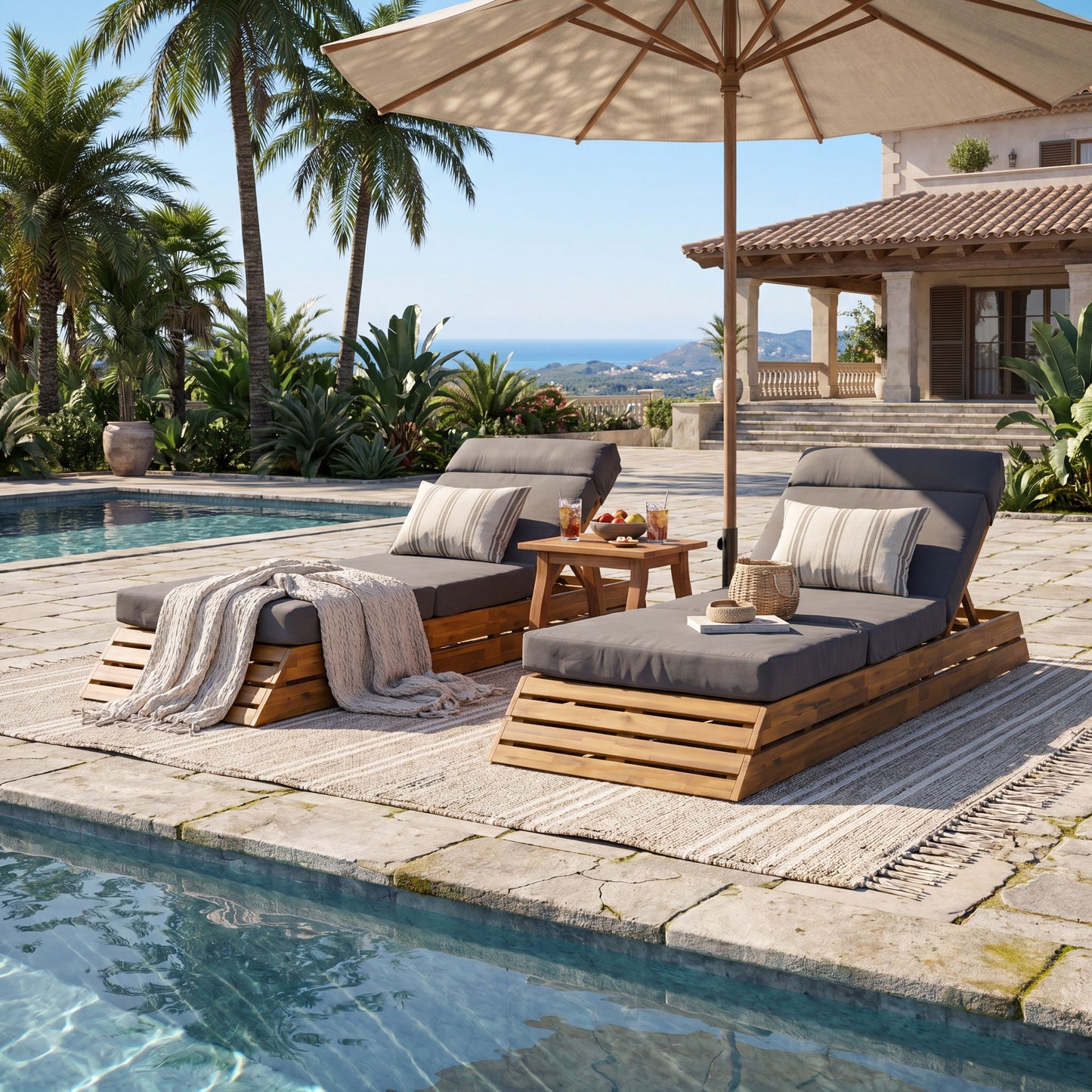 Chaise Lounge Set With 4 Fold Cushion And Built In Headrest