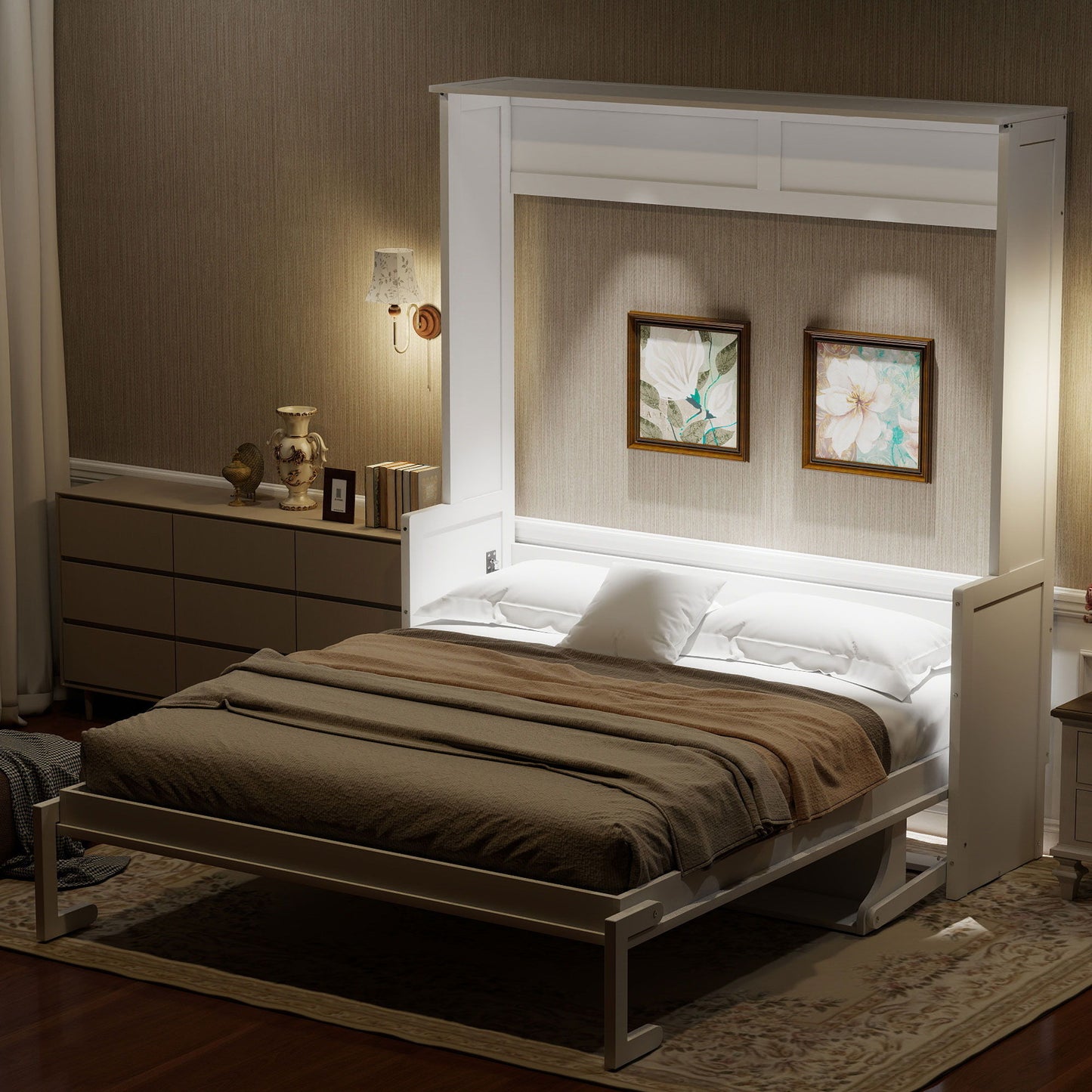 Murphy Bed With Desk, LED Lights And USB Charging Station