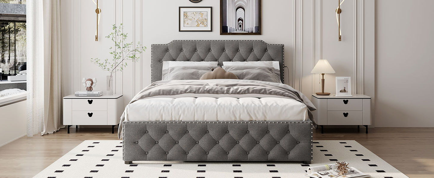 Upholstered Platform Bed With Trundle And 2 Sets Of USB Ports On Each Side, Fabric