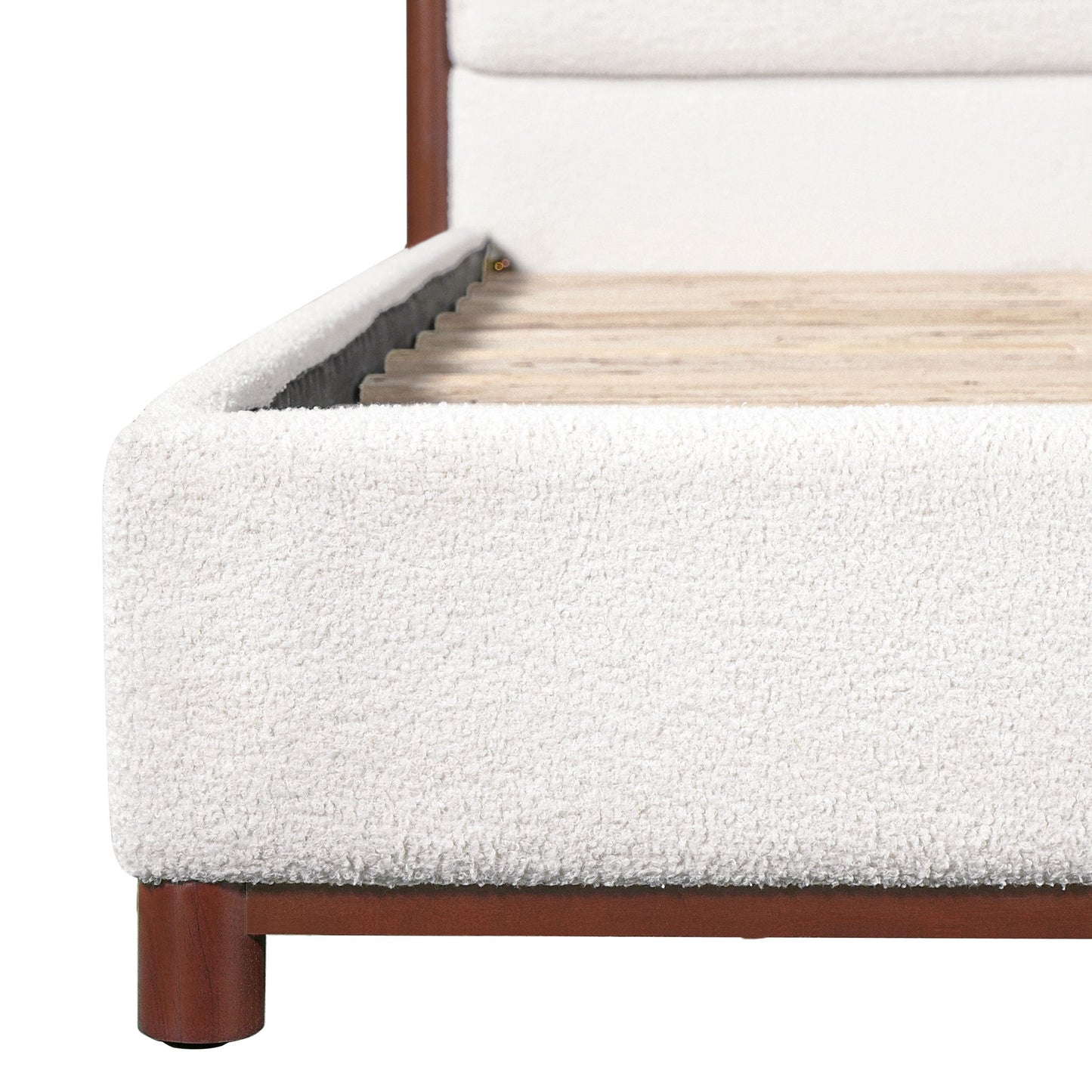 King Upholstered Bed Frame, No Box Spring Needed - Walnut / White