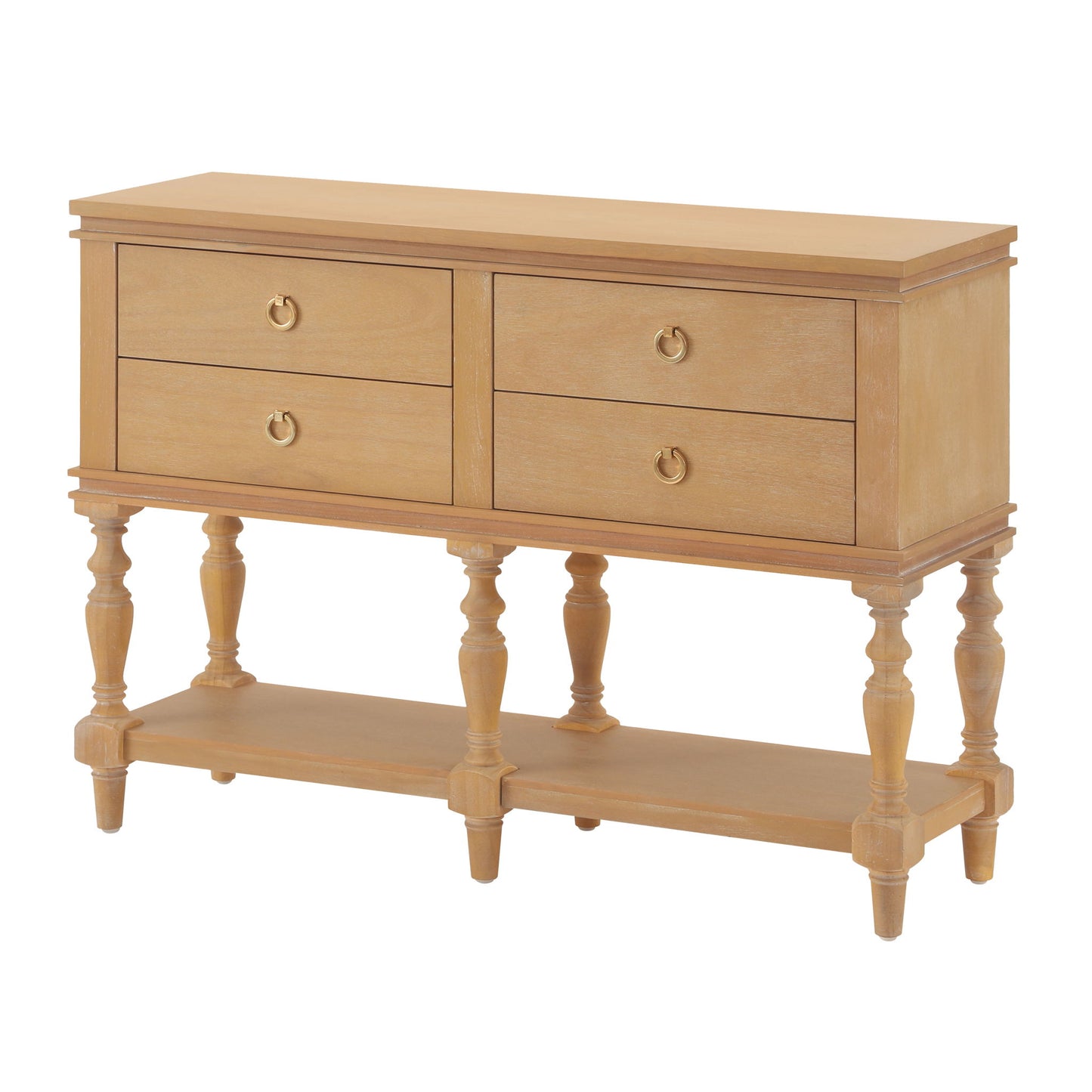 Console Table With 4 Soft Close Drawers, Thick Bottom Shelf For Living Room - Natural