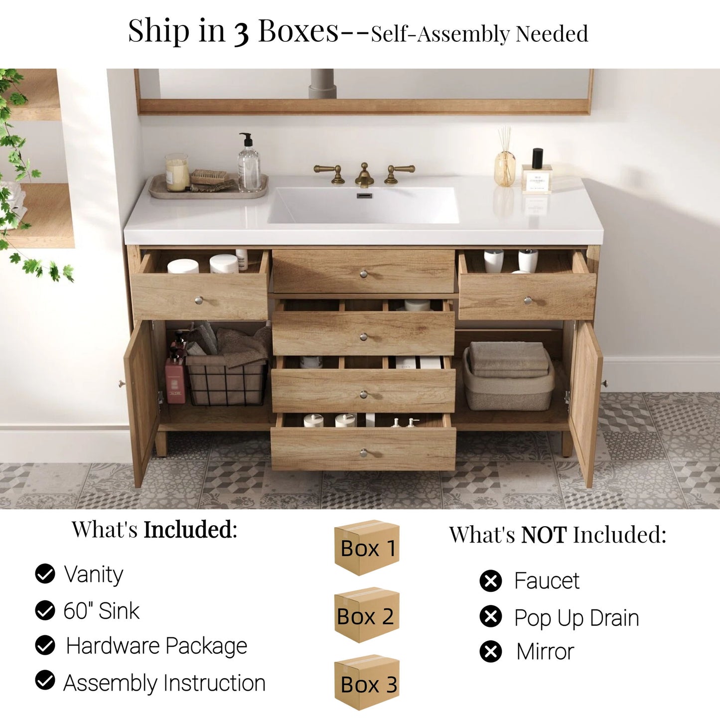 Bathroom Vanity With Sink, 5 Legs, Soft Close Drawers