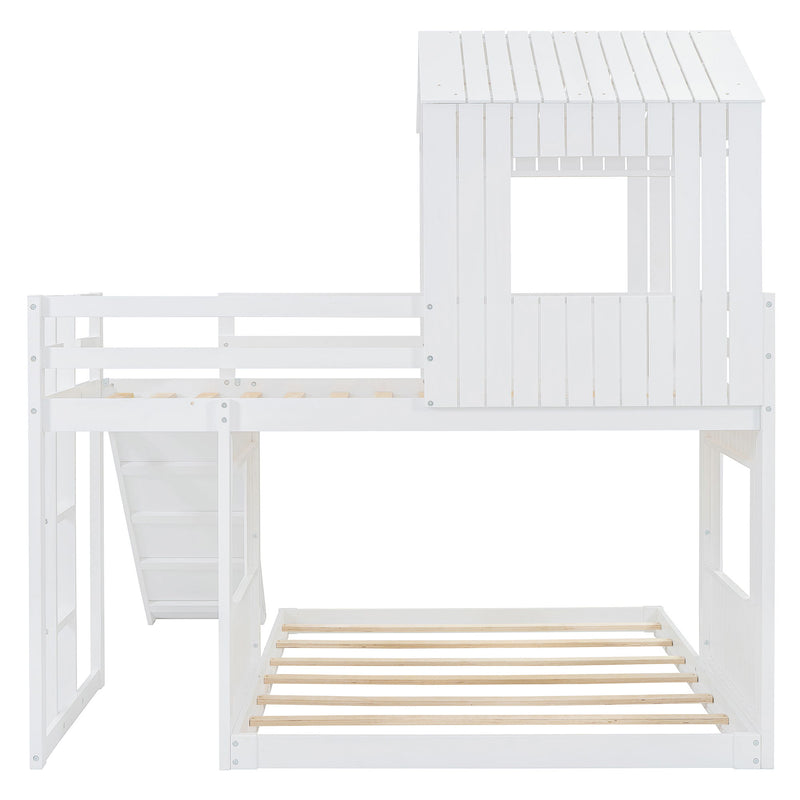 Loft Bunk Bed With Playhouse, Farmhouse, Ladder, Slide And Guardrails