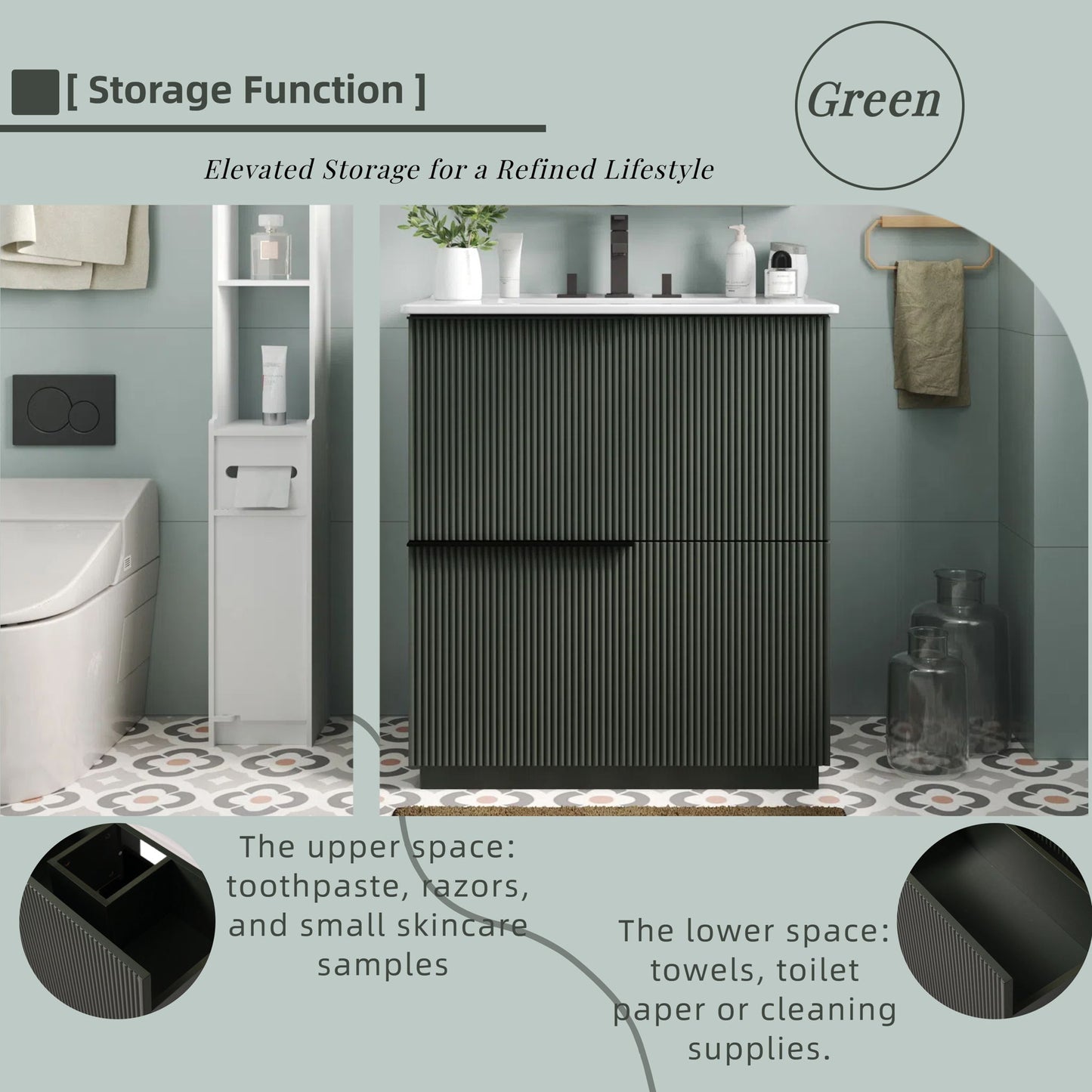 Fluted Bathroom Vanity With Ceramic Sink, Soft Close Slides