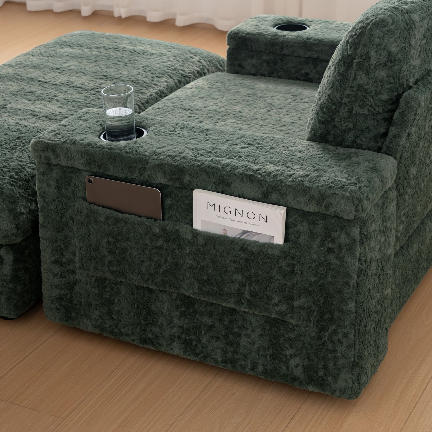 Oversized Chaise Lounge Indoor Rabbit Fur Sofa Bed With Storage Ottoman And Armrests Cup Holders With Deep Seat