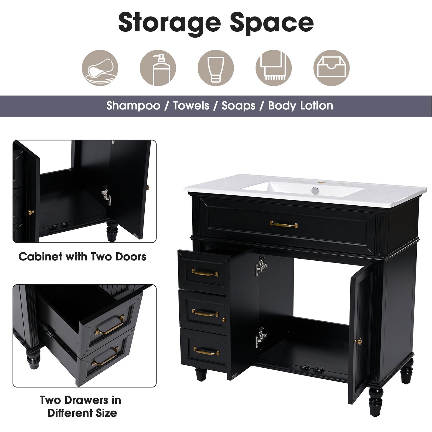 Bathroom Vanity With Sink, 2 Doors 2 Drawers, Freestanding Design