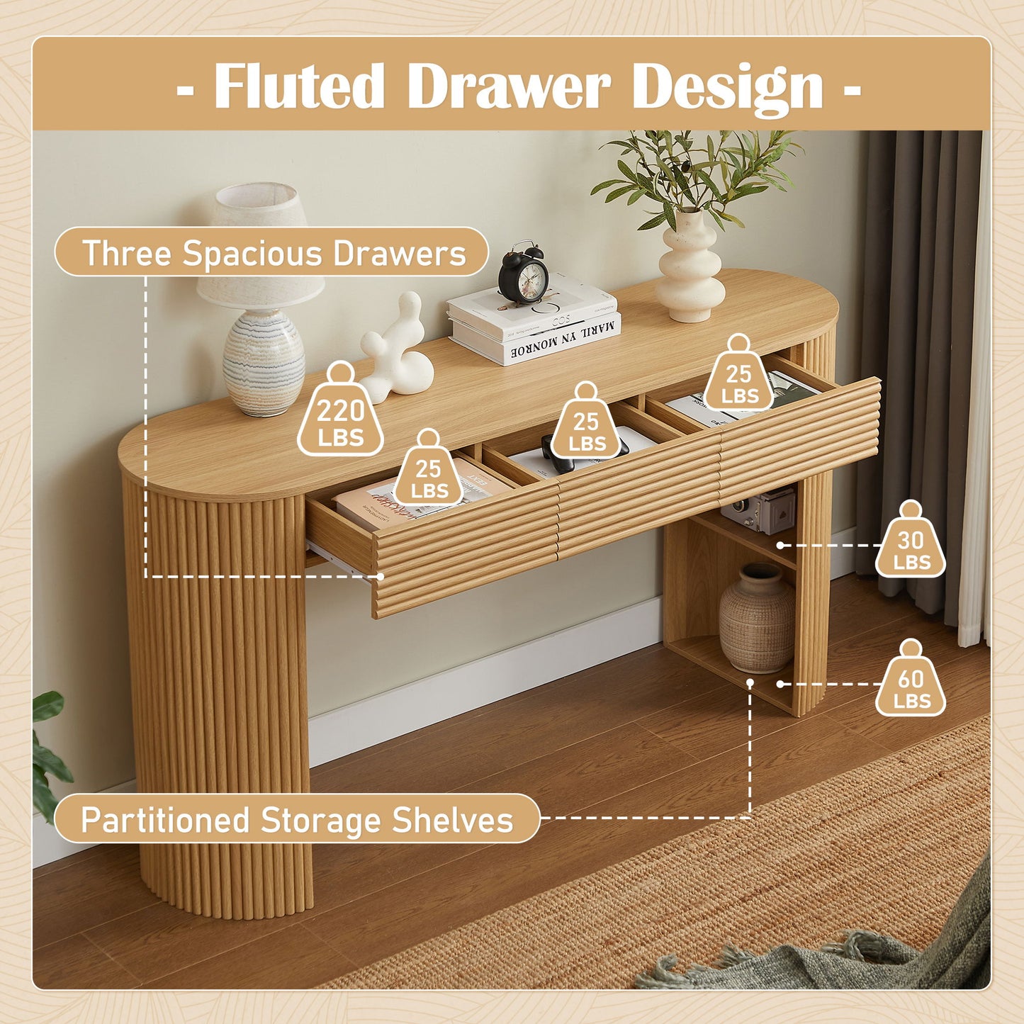 Retro Console Table With Storage, 3 Drawers