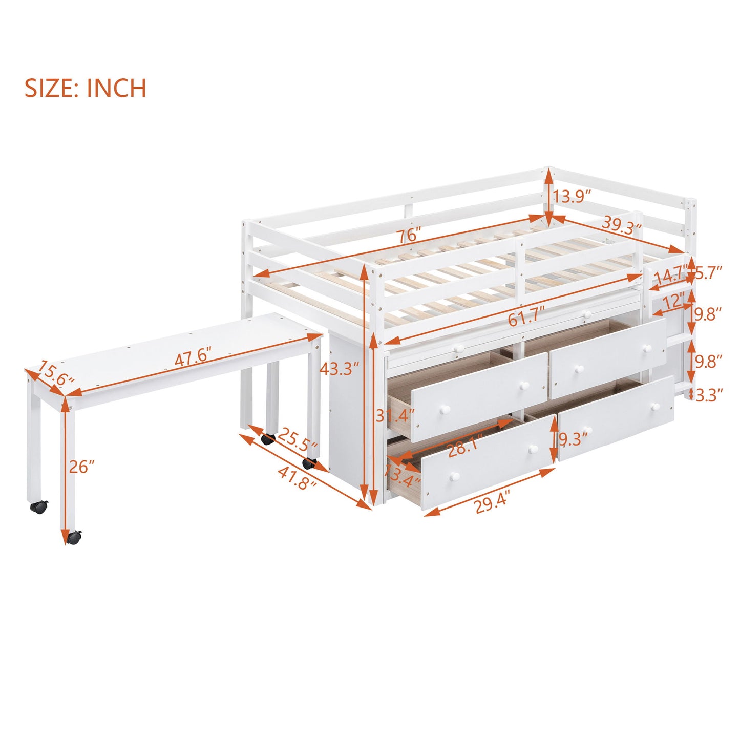 Loft Bed With Retractable Writing Desk And 4 Drawers, With Lateral Portable Desk And Shelves