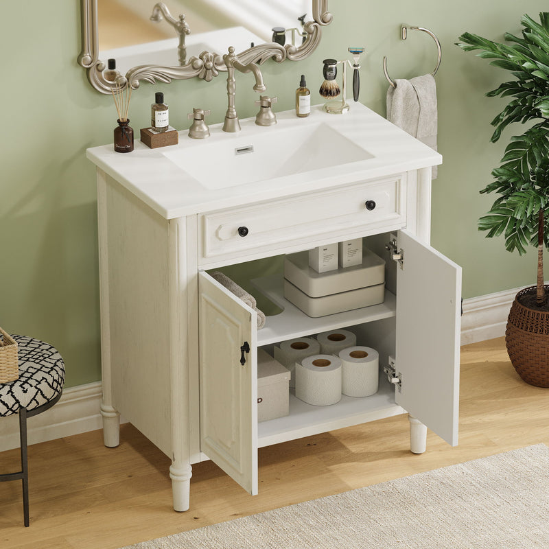 Tocador de baño vintage con lavabo, mueble rústico con puertas de cierre suave