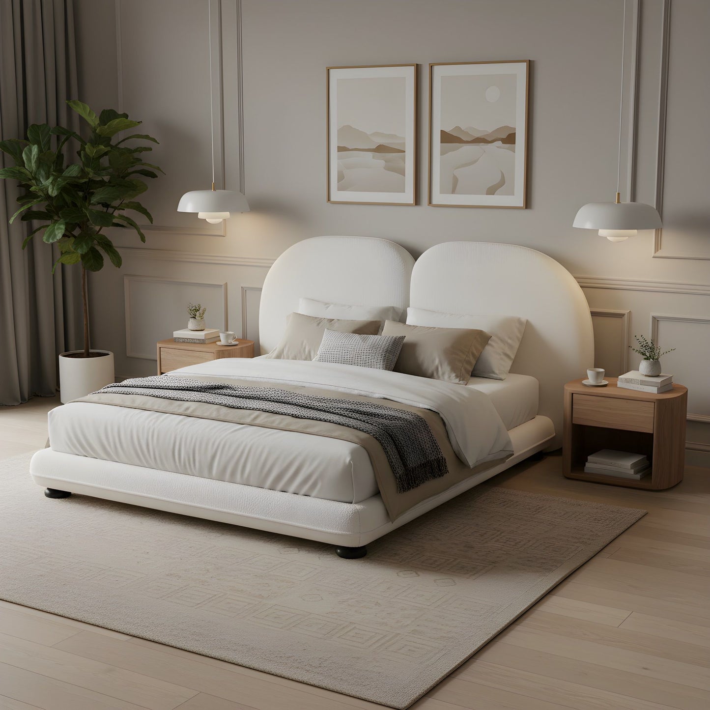 Queen Size Upholstered Platform Bed Frame With Split Headboard - White