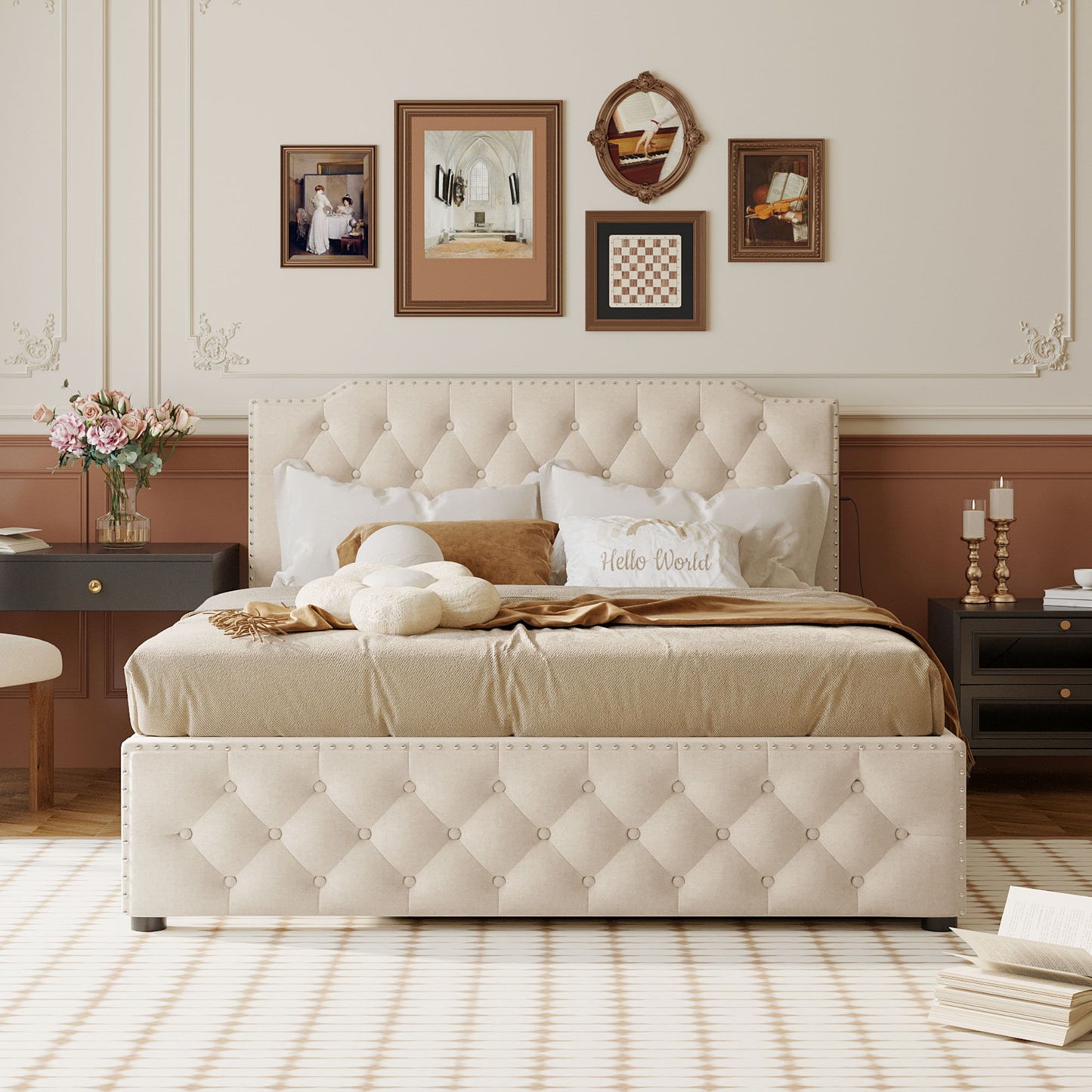 Upholstered Platform Bed With Trundle And 2 Sets Of USB Ports On Each Side, Fabric