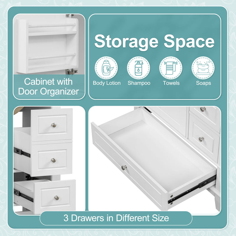 Freestanding Bathroom Vanity With Sink, Soft Close Door, 3 Drawers - White