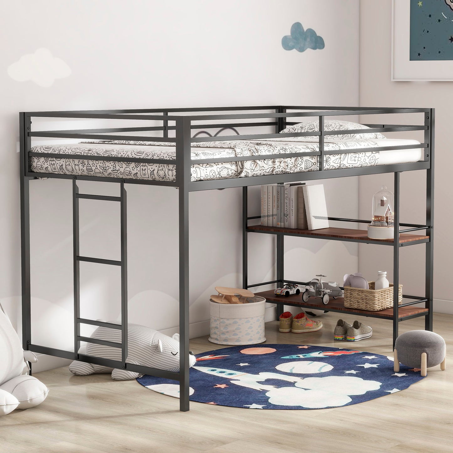 Adam - Twin Loft Bunk Bed With Cinnamon Wood Shelf - Black