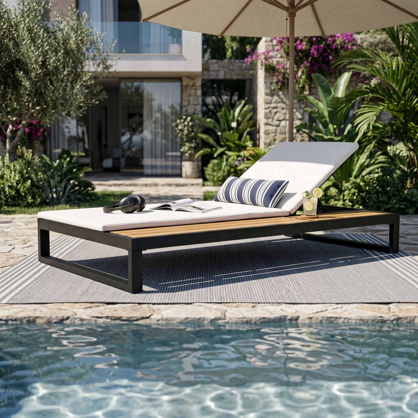 Chaise Lounge Set, 5 Position Adjustable, Flat Side Surface Storage