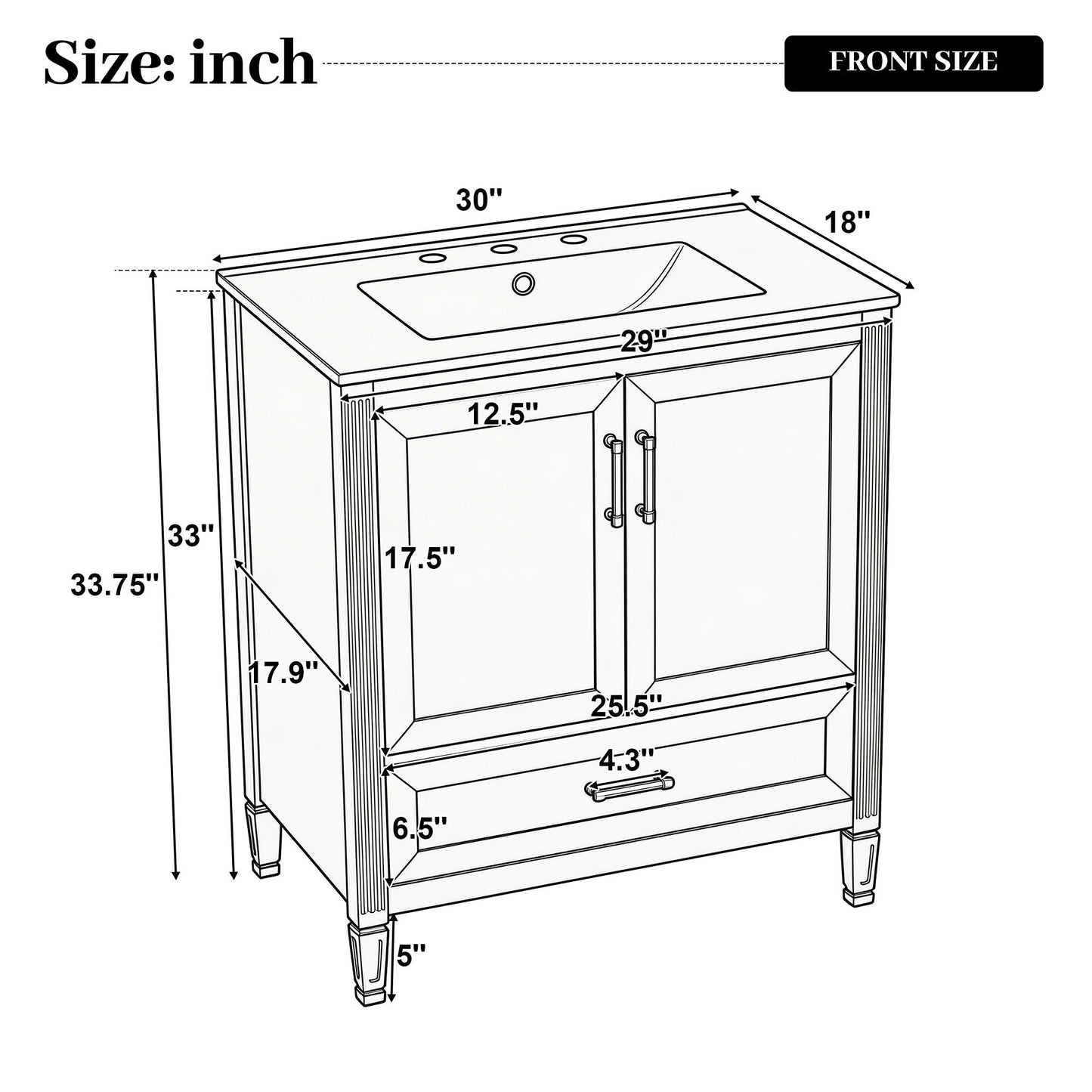 Elegant Fluted Bathroom Vanity With Sink, Soft Close Doors & Drawer
