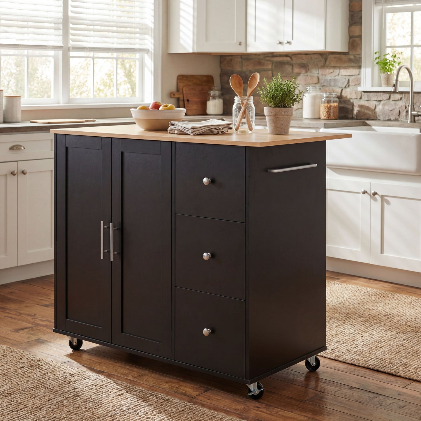 Mobile Kitchen Cart With Storage With 2 Doors, 3 Drawers & Adjustable Shelf - Black / Natural
