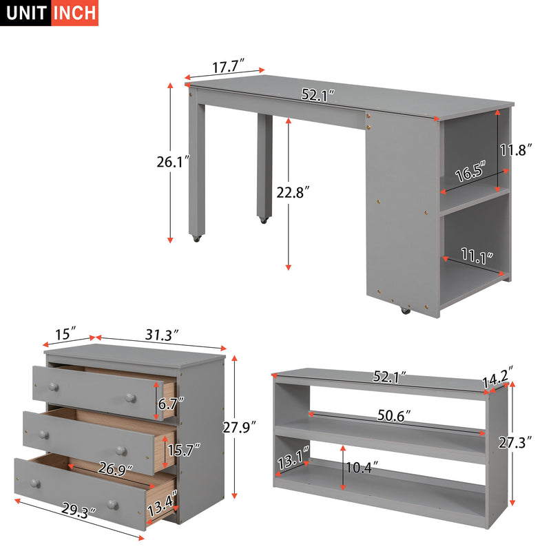 Loft Low Study Bed With Cabinet, Shelves And Rolling Portable Desk, Multiple Functions