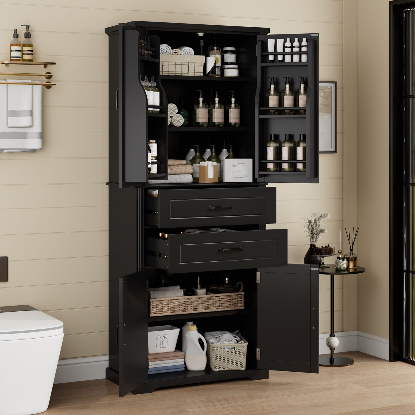 Multi Functional Storage Cabinet With Adjustable Shelves, 2 Drawers, Door Shelves