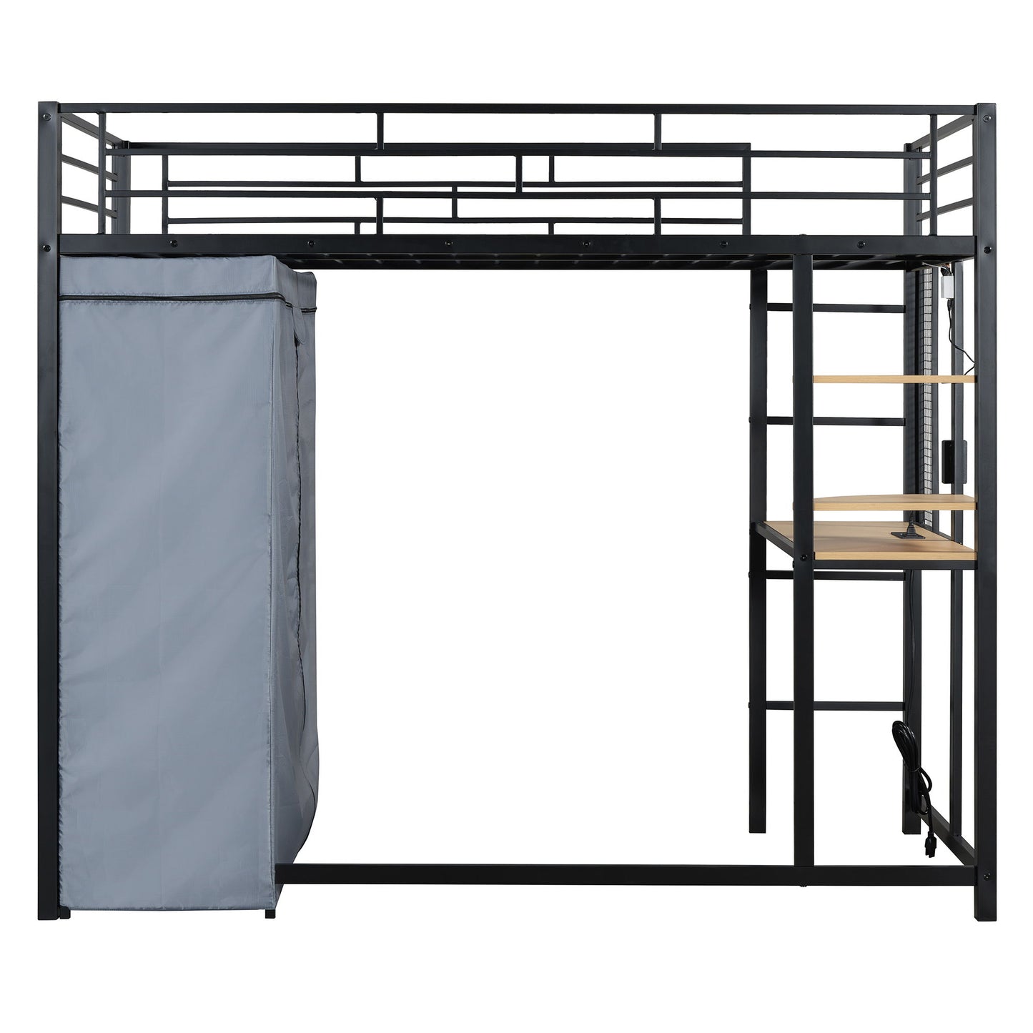 Loft Bed With Desk, Shelves, Power Outlet, LED Light And Wardrobe