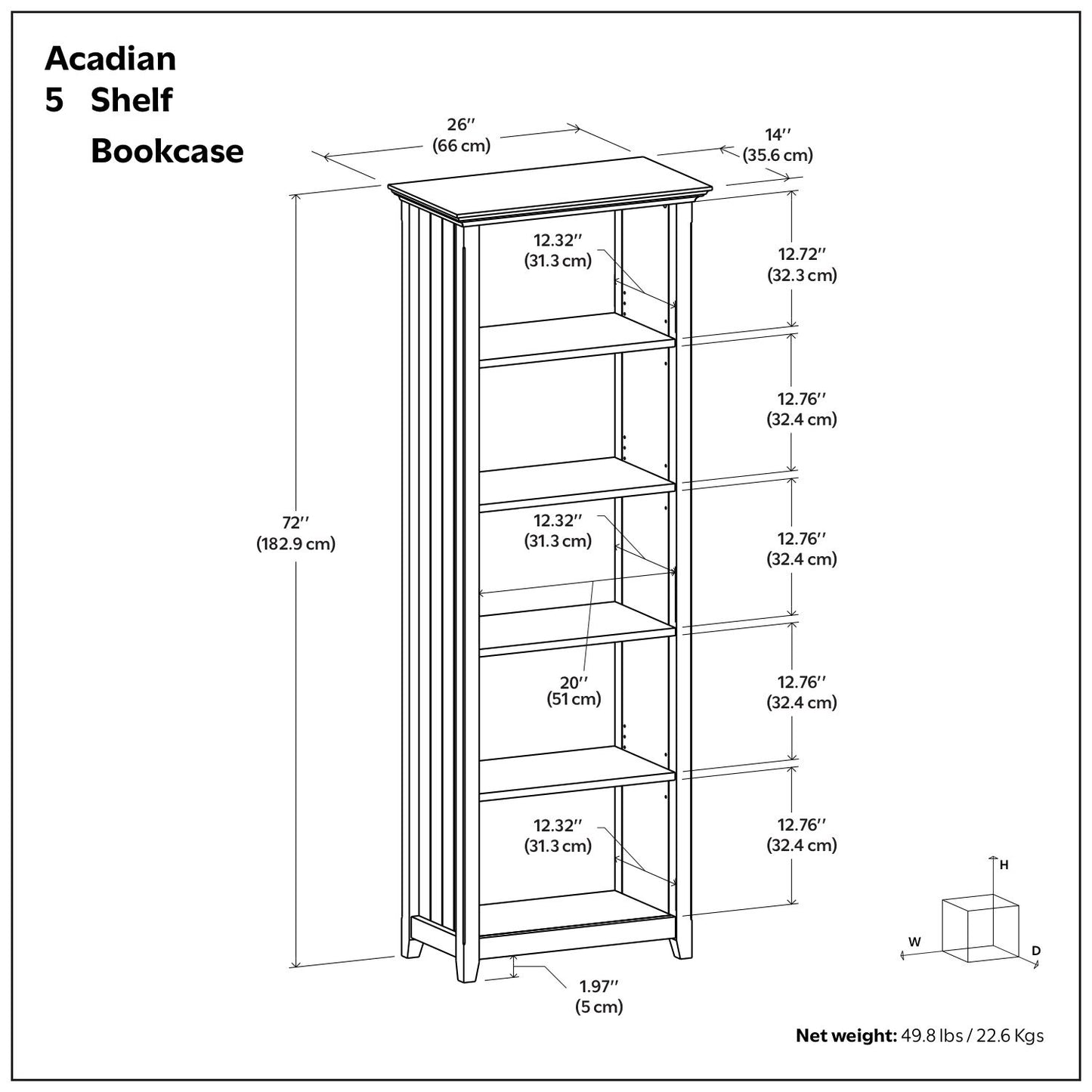 Acadian - 5 Shelf Bookcase, Handcrafted