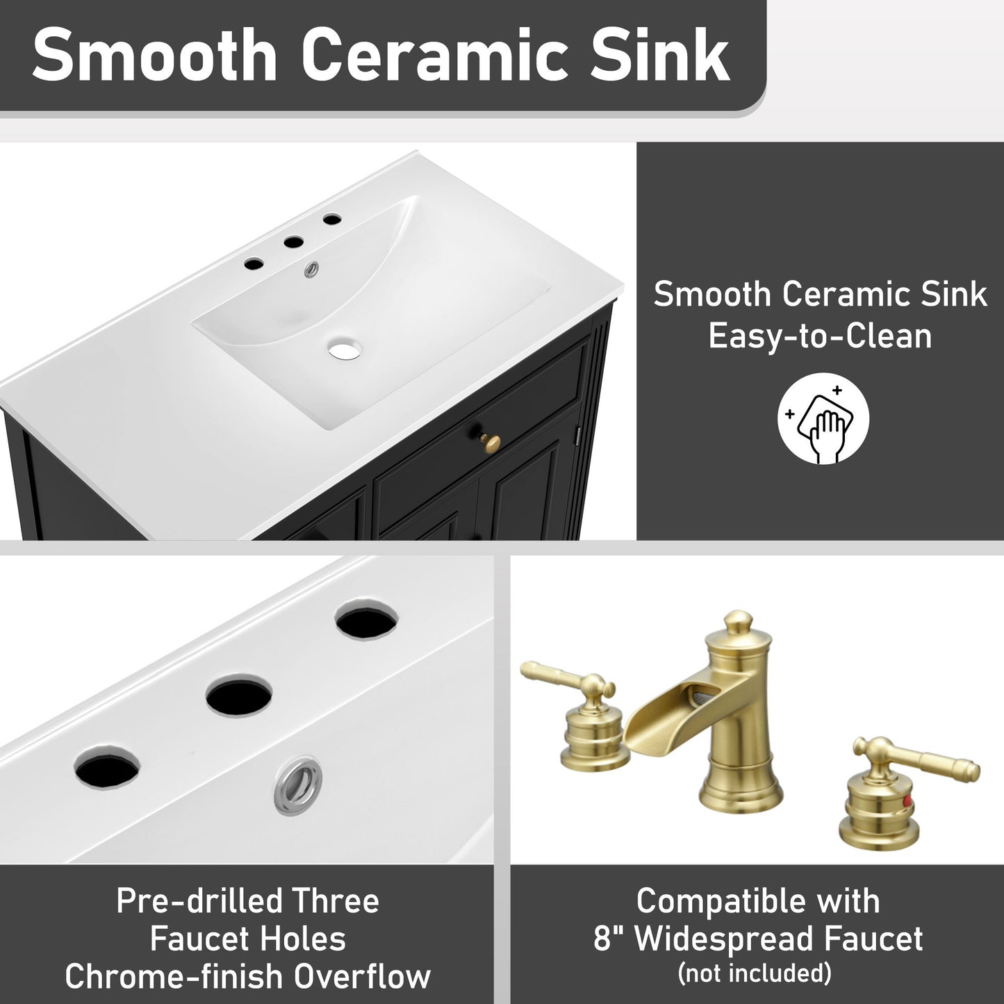 Bathroom Vanity With Sink, 1 Tip Out Drawer, 3 Side Drawers, Adjustable Shelf
